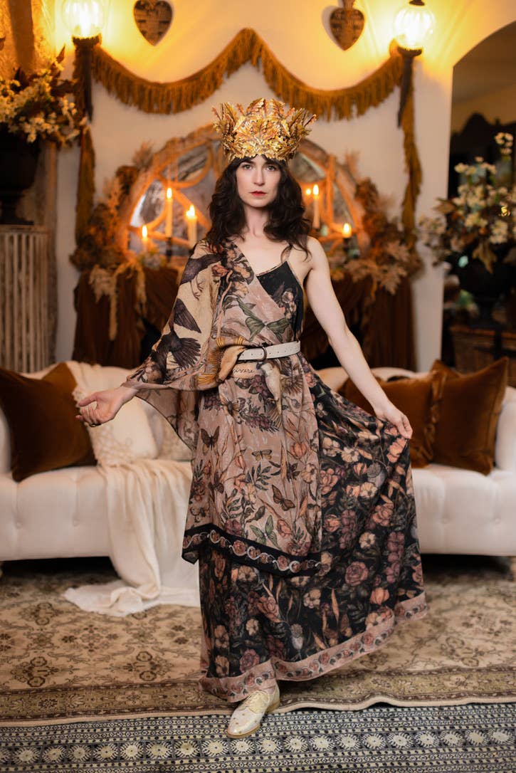 Market of Stars - Momento Bohemian Scarf w/ Floral Print, Starlings & Skull