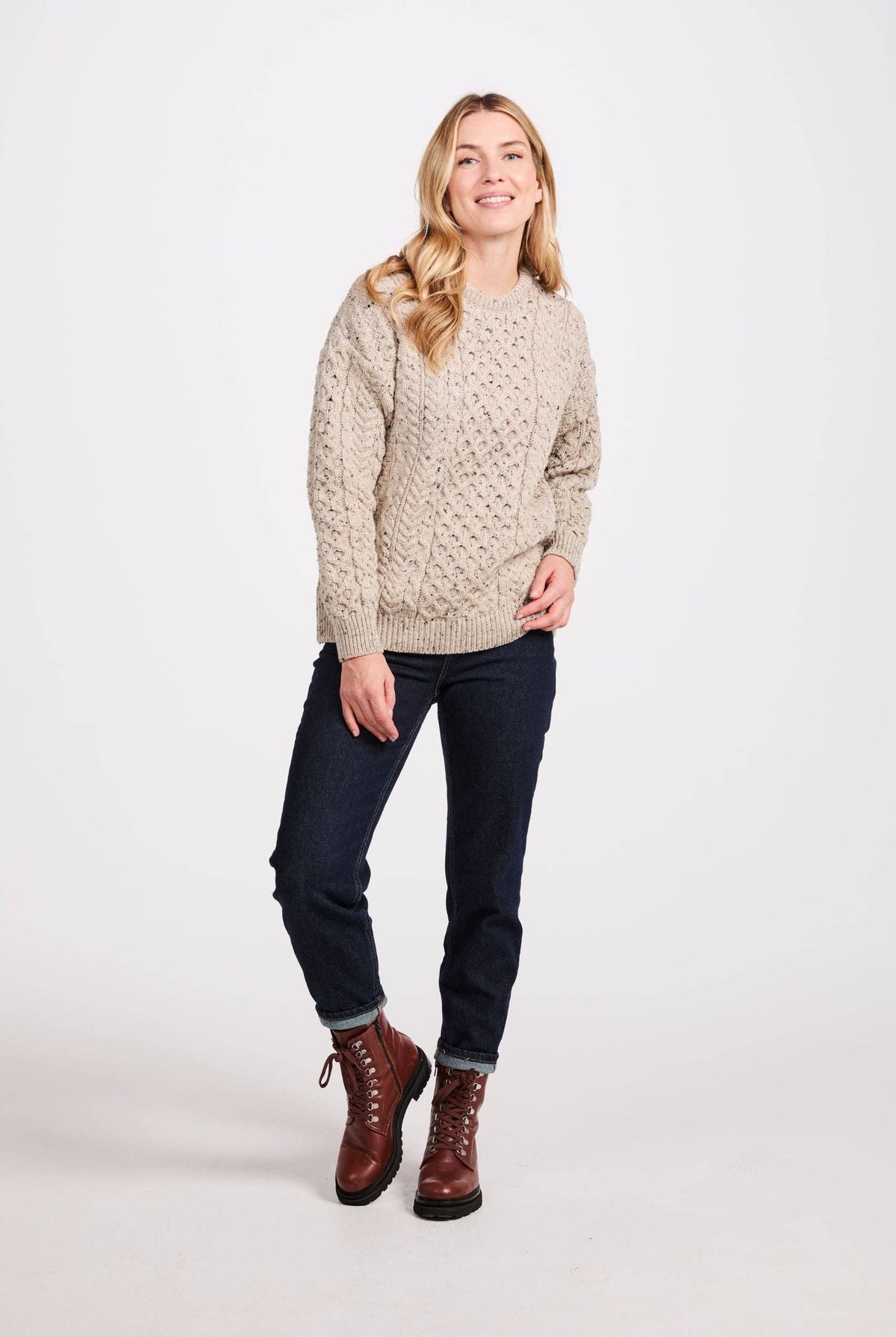 Aran Woollen Mills - Inishbofin Ladies Traditional Aran Sweater - Flecked Oat