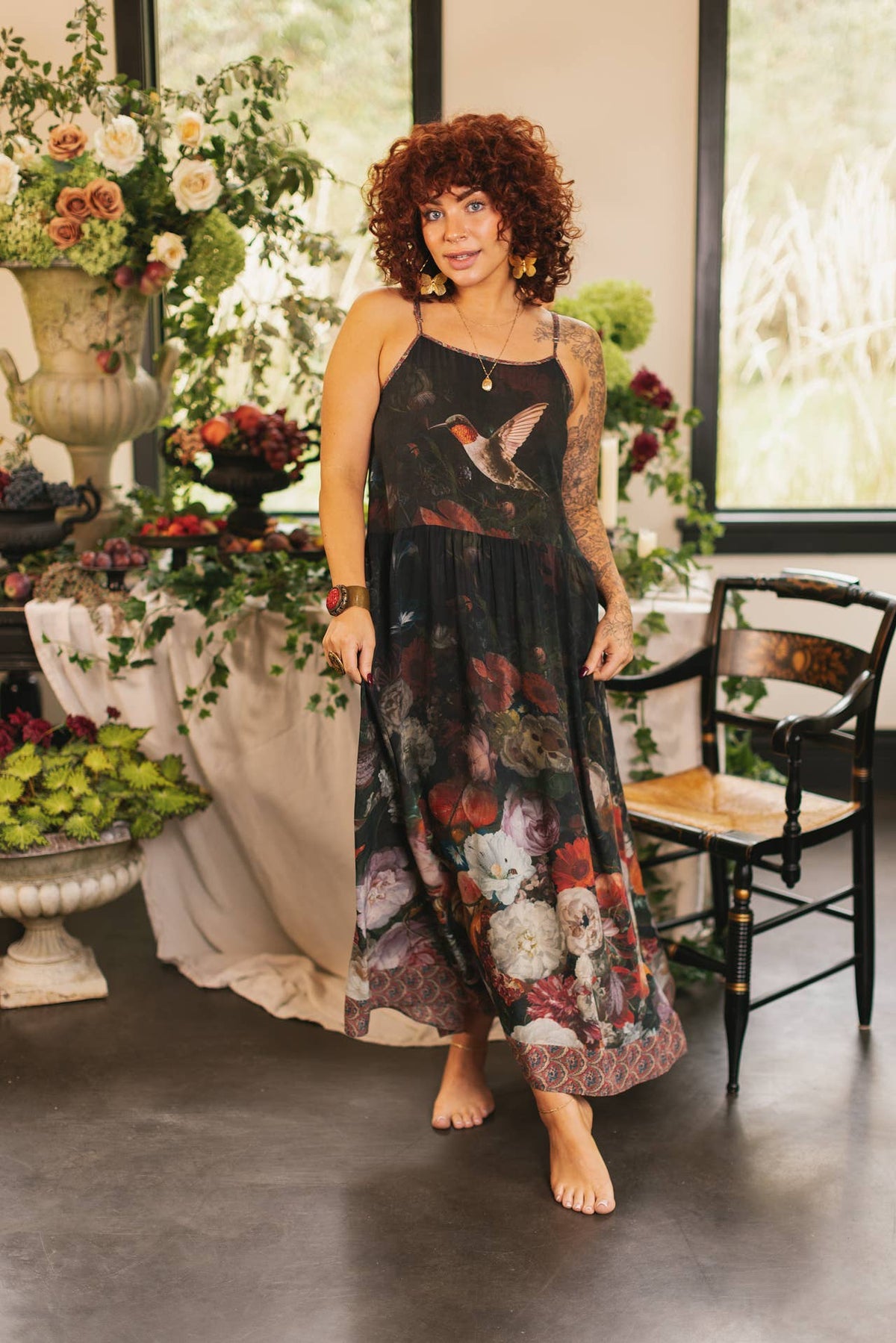 Market of Stars (Worldwide) - Flight of Fancy Bohéme Long Maxi Slip Dress w/Hummingbirds