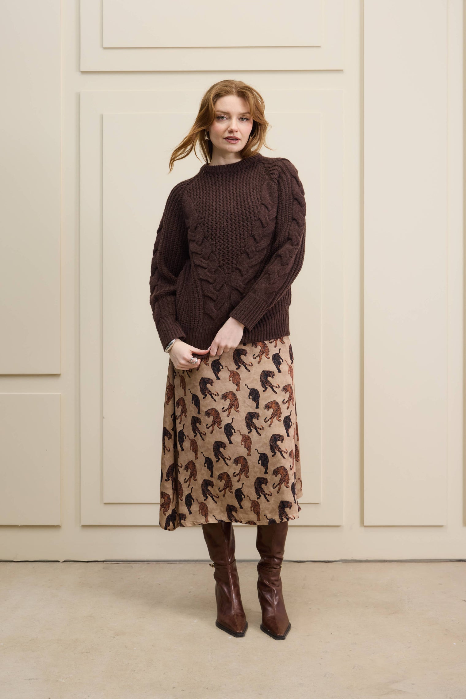 Hilary MacMillan - Brown Long Cable Knit Sweater