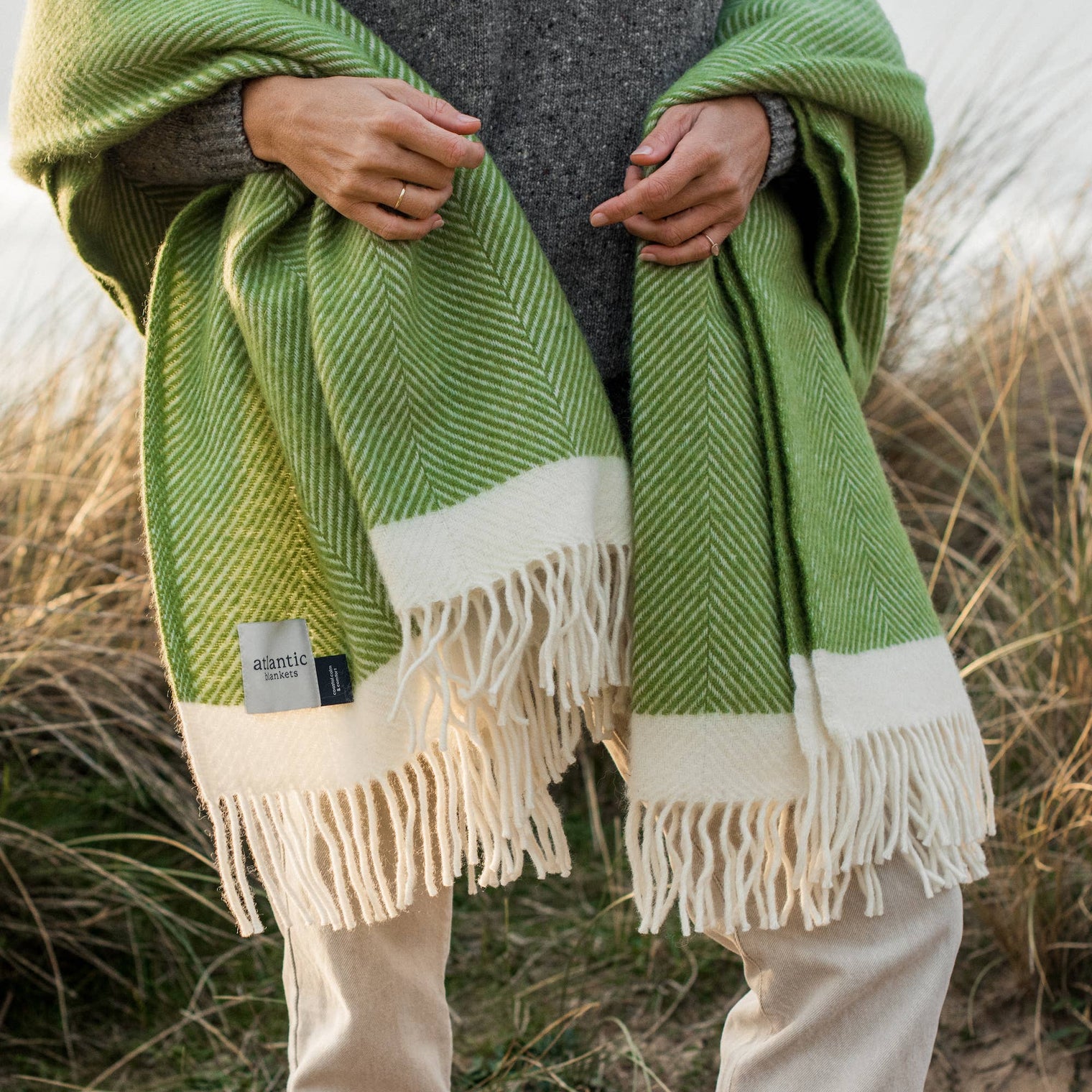 Atlantic Blankets - Kelp Green Herringbone Wool Blanket