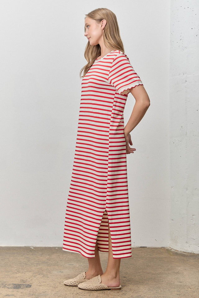 Polagram by Wellmade USA - Scallop Trim Striped Short Sleeve Maxi Dress