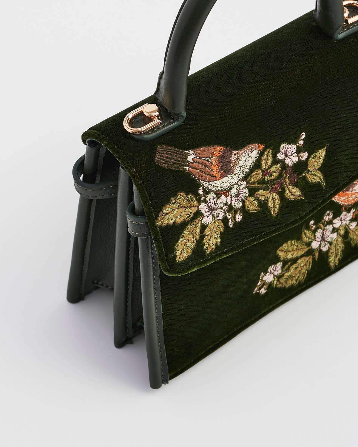 Fable England UK - Eliza Wren Embroidered Top Handle Bag in Green Velvet