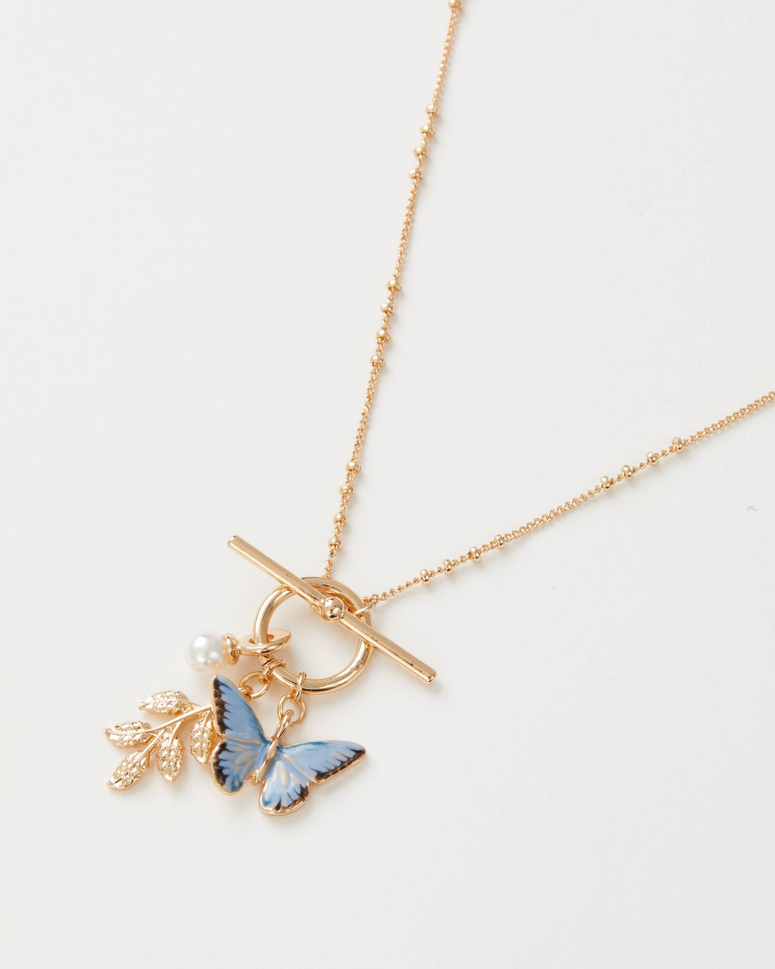 Fable England - Enamel Blue Butterfly & Leaf Charm Necklace