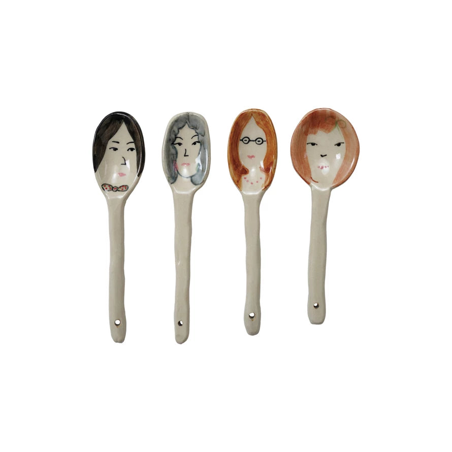 Hand-Painted Stoneware Face Spoons - 4 Styles