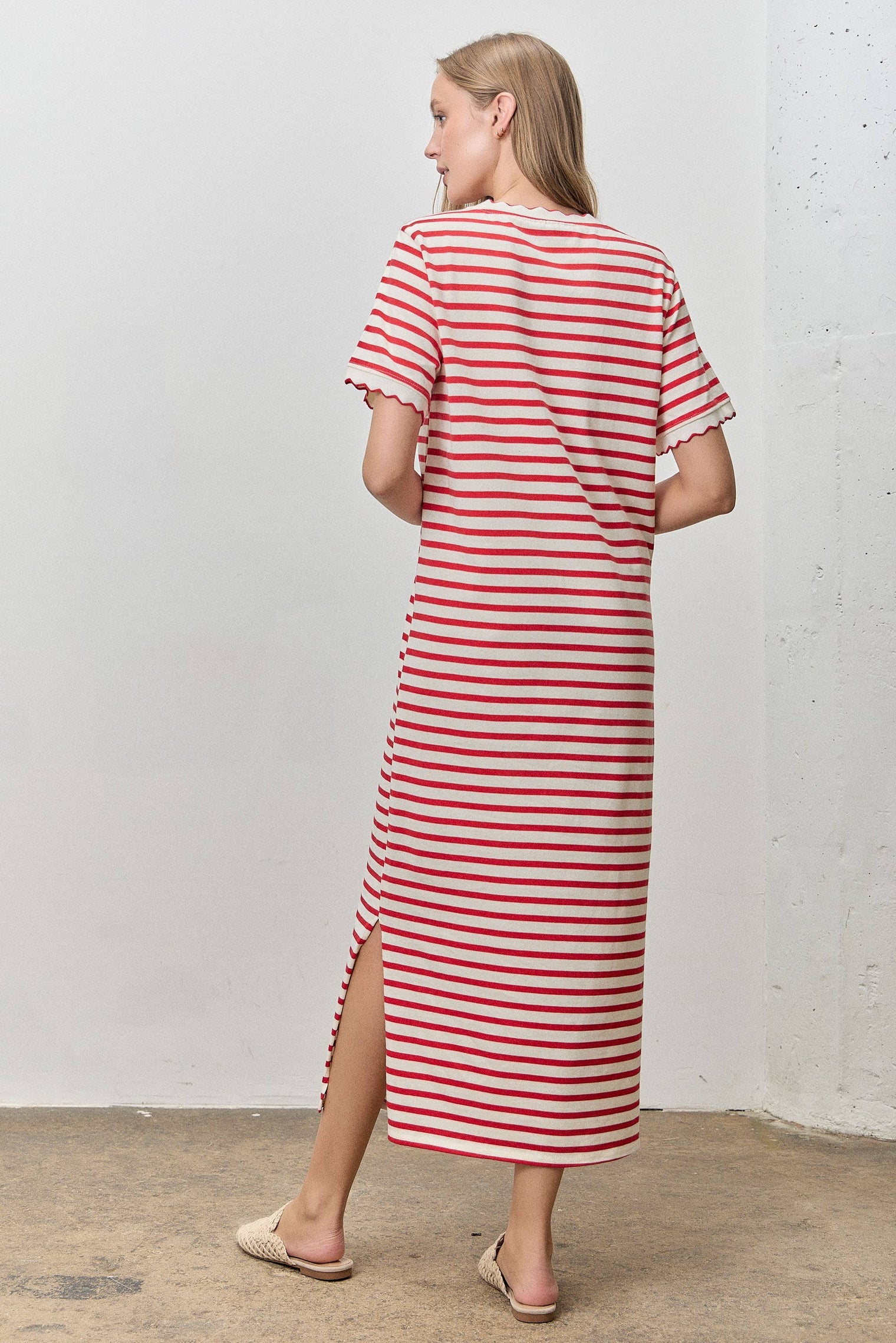 Polagram by Wellmade USA - Scallop Trim Striped Short Sleeve Maxi Dress