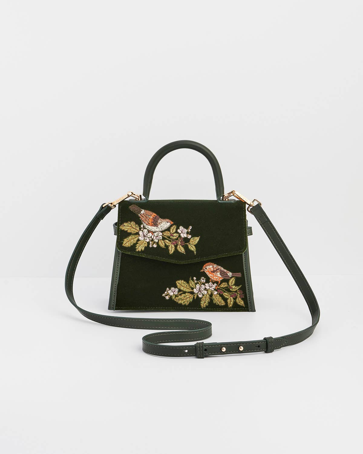 Fable England UK - Eliza Wren Embroidered Top Handle Bag in Green Velvet