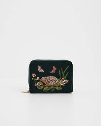 Fable England UK - Hedgehog Embroidered Small Purse in Forest Green Velvet