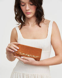 Fable England - Floral Tan Faux Suede Embroidered Purse