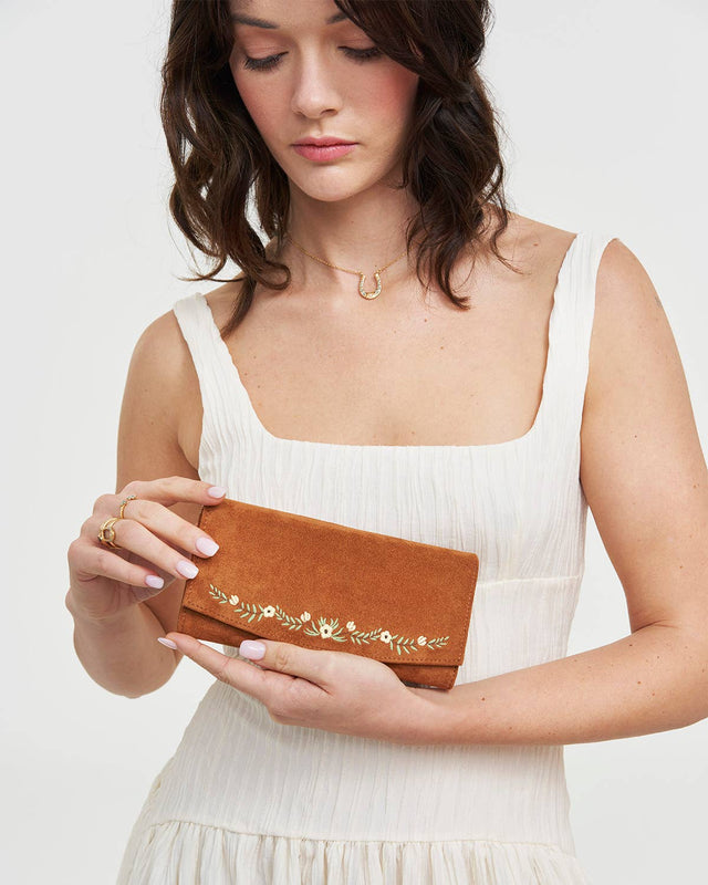 Fable England - Floral Tan Faux Suede Embroidered Purse