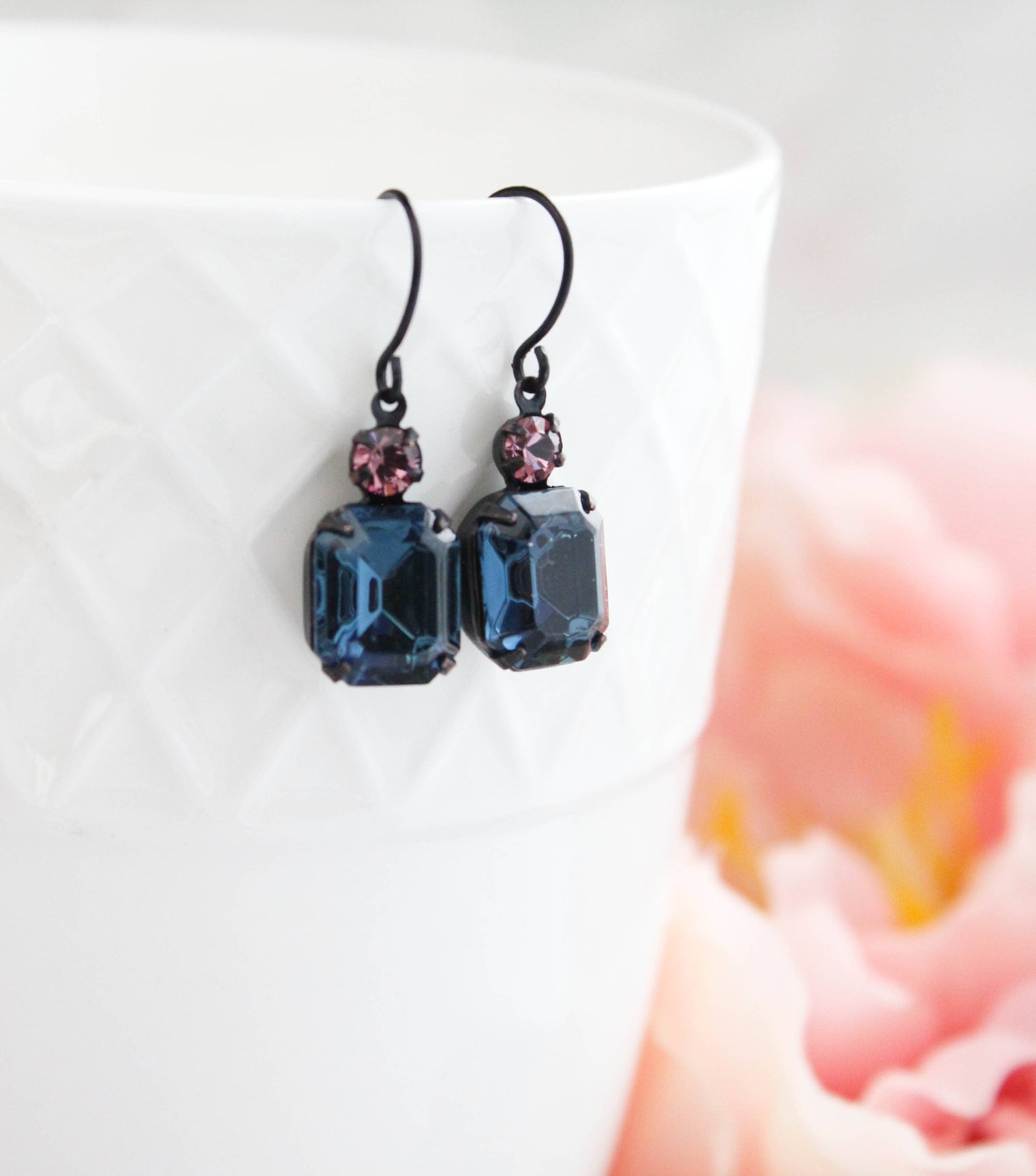 A Pocket of Posies - Midnight Blue Earrings | Vintage Glass | Black Drop Earrings