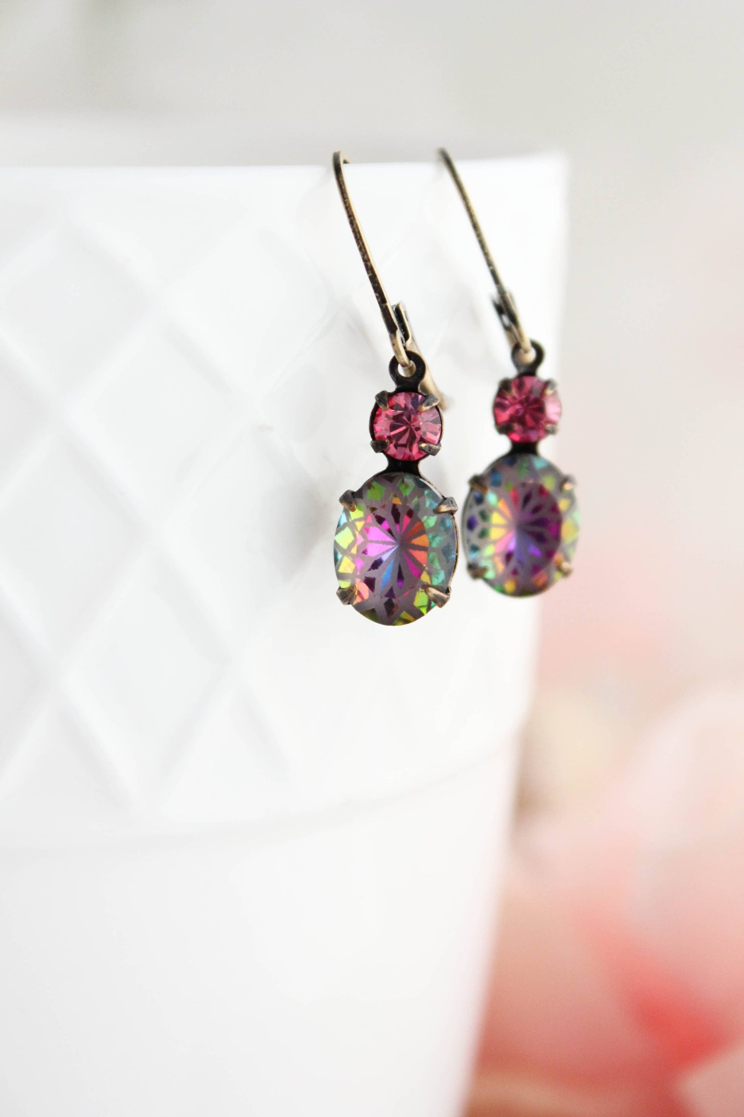 A Pocket of Posies - Aurora Iridescent Oval Glass with Etched Floral Drop Earring