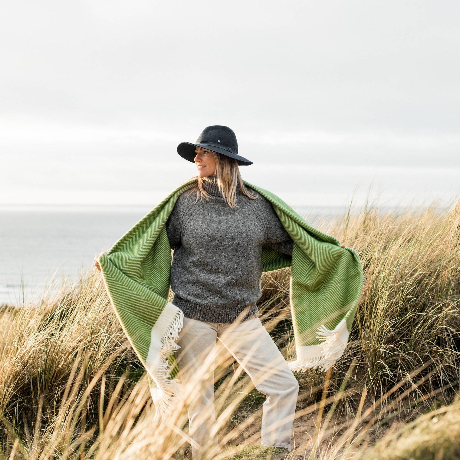 Atlantic Blankets - Kelp Green Herringbone Wool Blanket