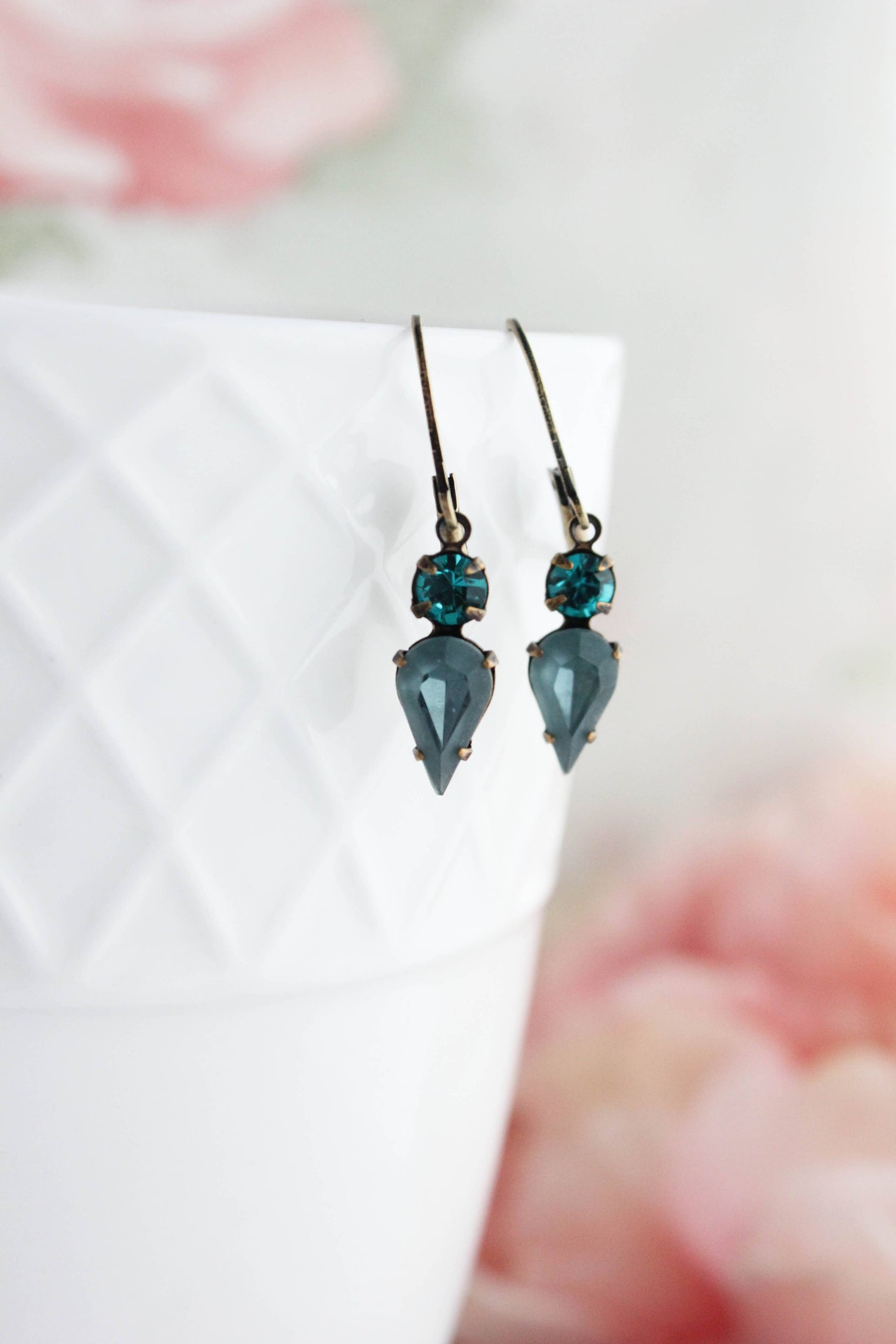 A Pocket of Posies - Tiny Vintage Glass Drop Earrings | Peacock Blue