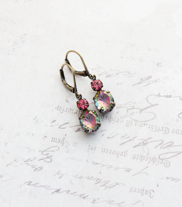 A Pocket of Posies - Aurora Iridescent Oval Glass with Etched Floral Drop Earring