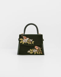 Fable England UK - Eliza Wren Embroidered Top Handle Bag in Green Velvet