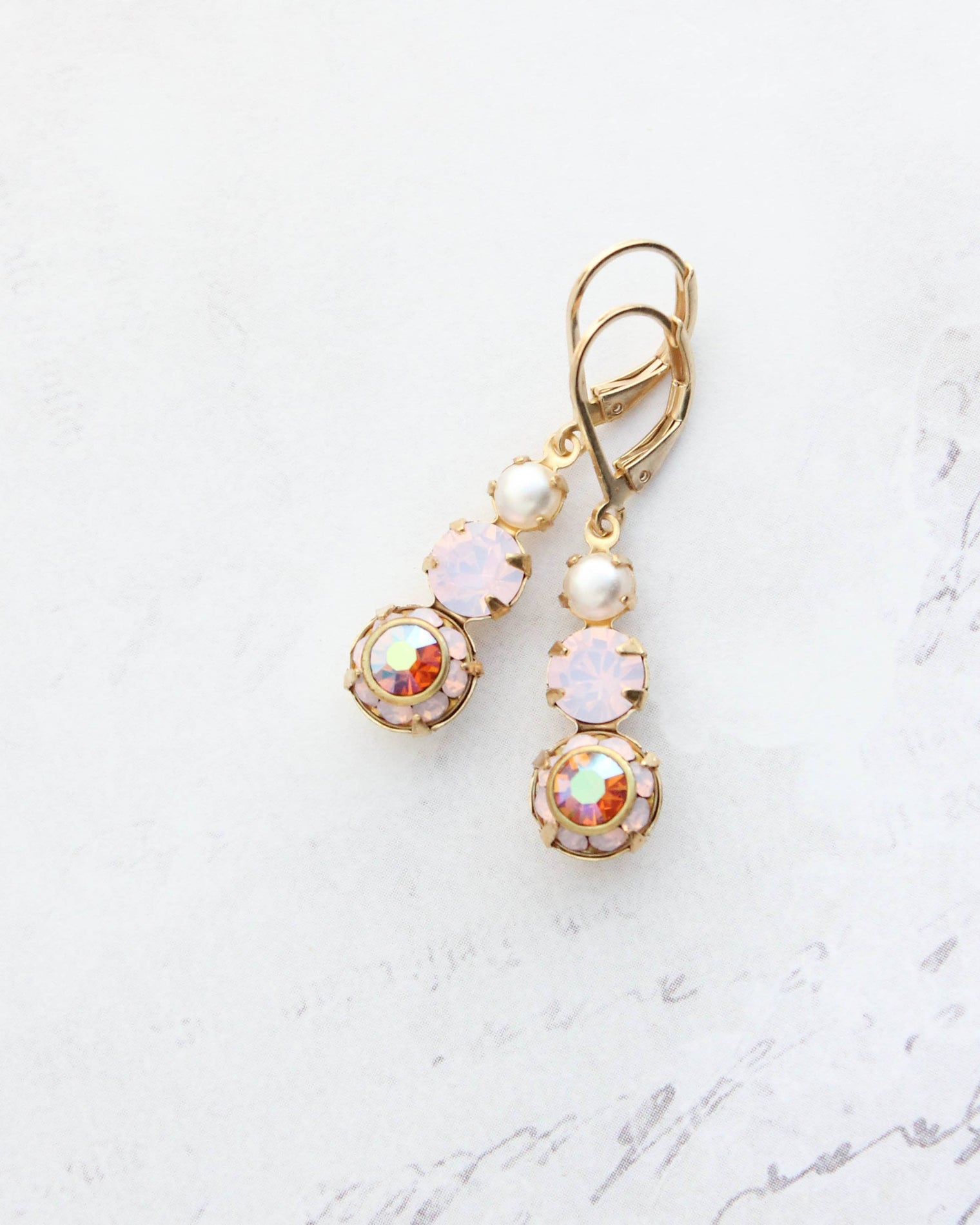 A Pocket of Posies - Vintage Glass Earrings -Three Jewel - Rose Water Opal