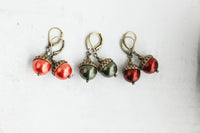 Pearl Acorn Earrings - Green Pearl Antiqued Brass