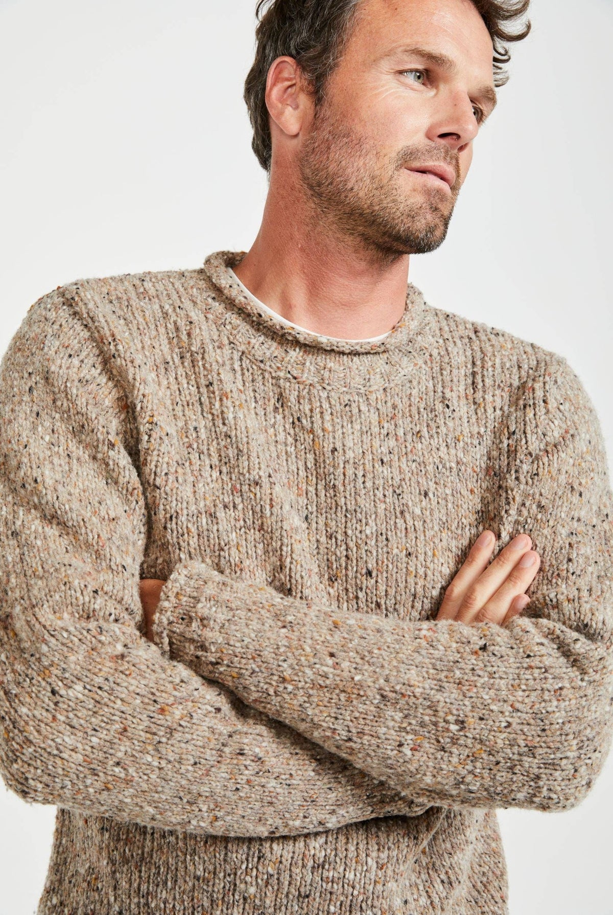 Aran Woollen Mills - Raheen Tweed Roll Neck Mens Sweater - Oat