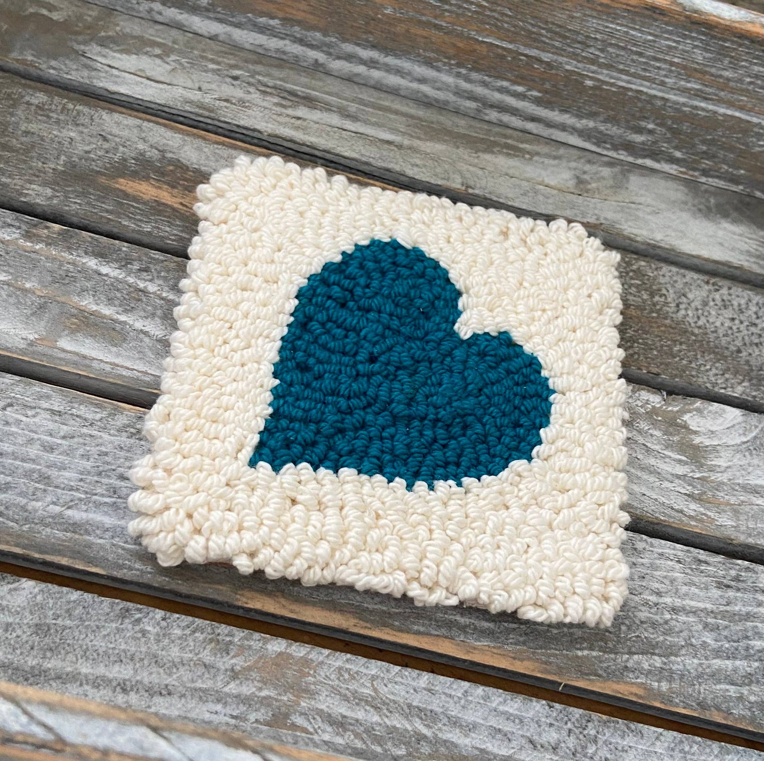 Heart Hooked Coaster - Teal and White