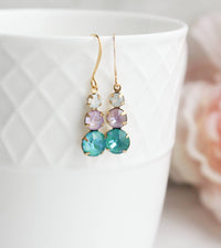 Three Jewel Drop Earrings - Teal and Lavender