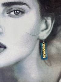 David Stepan - Earring with Blue Patina Rectangle and Overlaying Hammered Brass