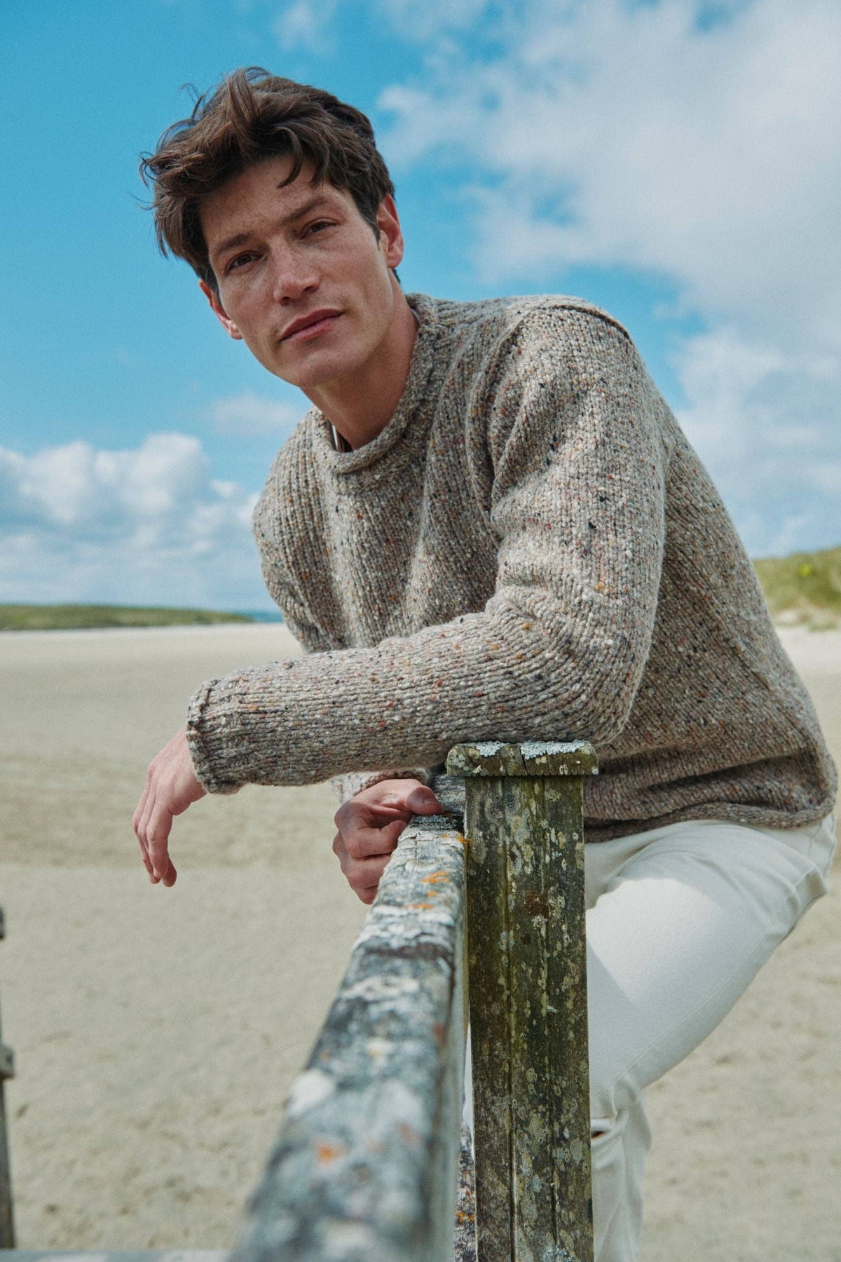 Aran Woollen Mills - Raheen Tweed Roll Neck Mens Sweater - Oat