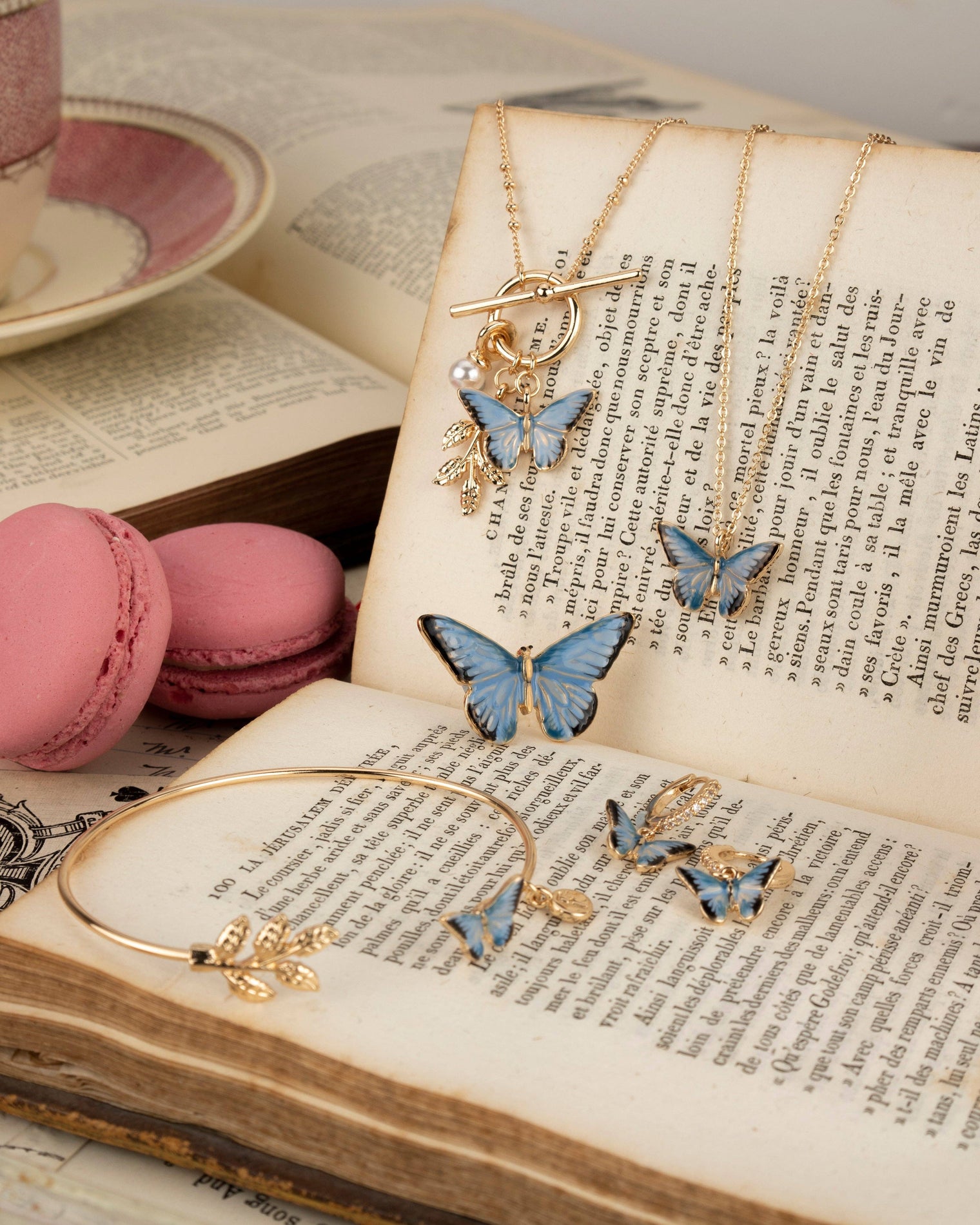Fable England - Enamel Blue Butterfly & Leaf Charm Necklace