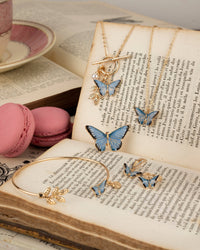 Fable England - Enamel Blue Butterfly & Leaf Charm Necklace