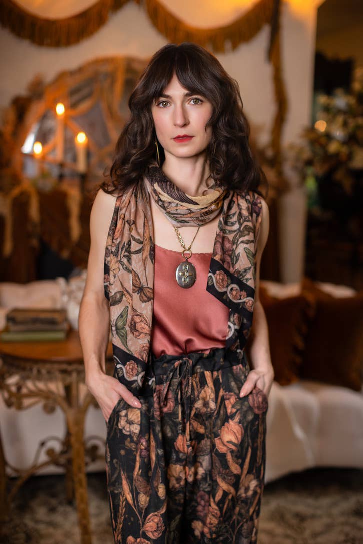 Market of Stars - Momento Bohemian Scarf w/ Floral Print, Starlings & Skull
