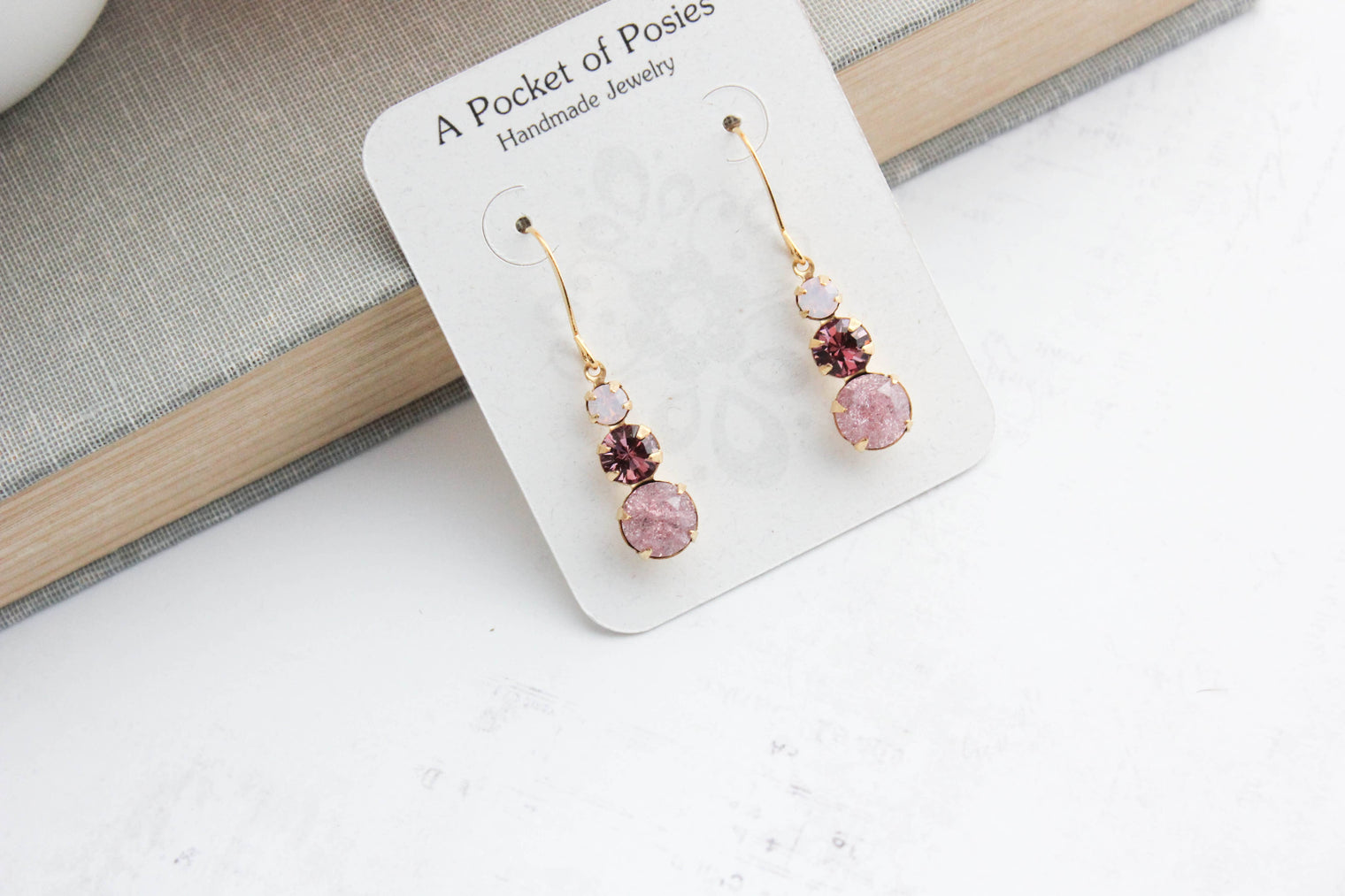 A Pocket of Posies - Vintage Glass Earrings - Three Jewel - Dusty Rose Plum