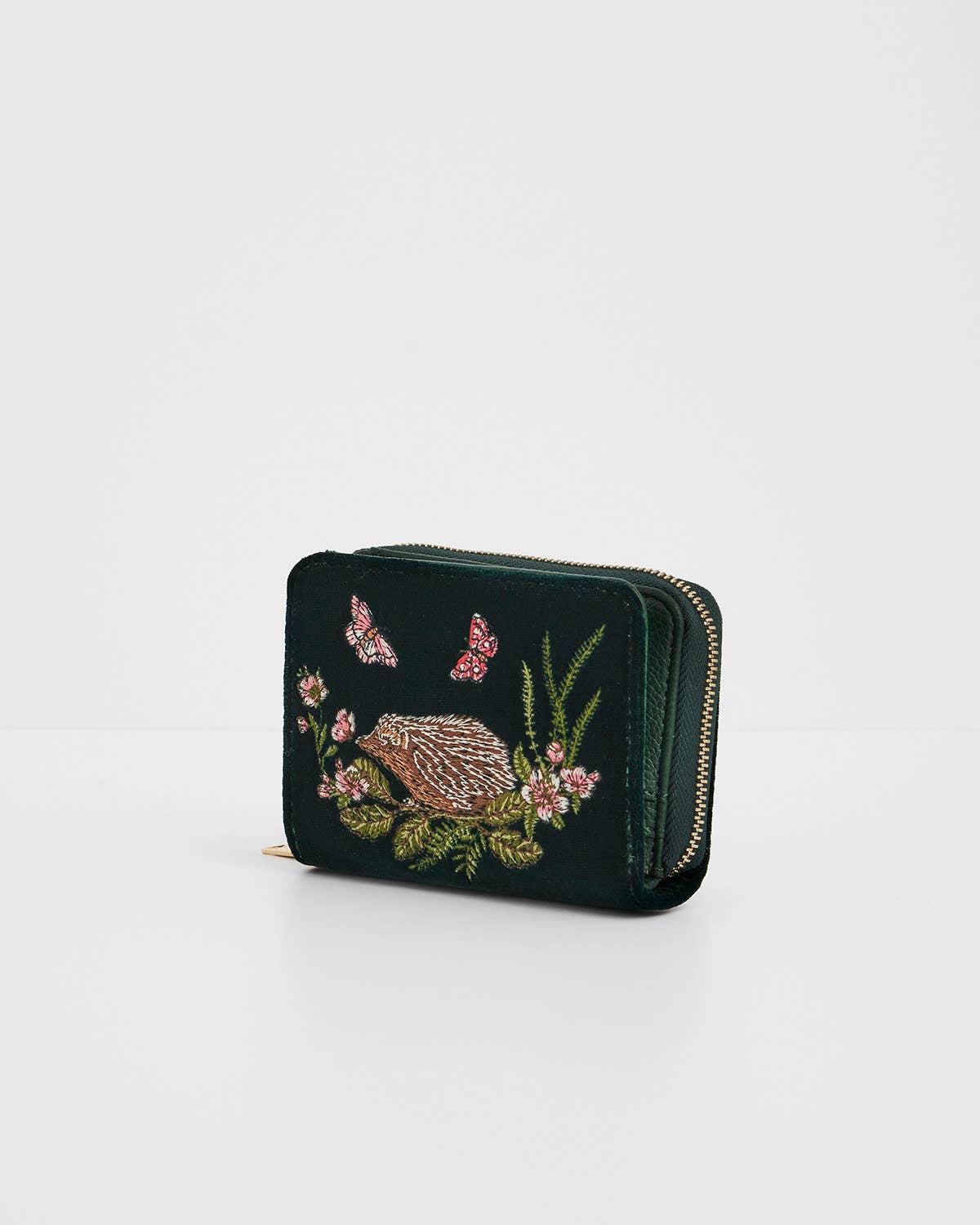 Fable England UK - Hedgehog Embroidered Small Purse in Forest Green Velvet