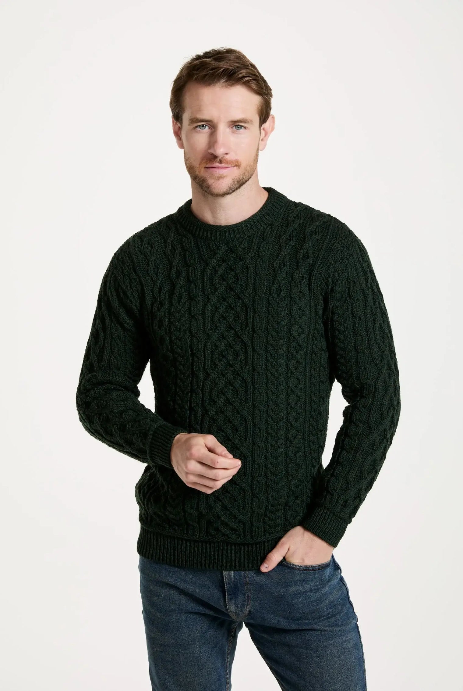 Aran Woollen Mills - Inishturk Mens Aran Sweater -  Emerald Green