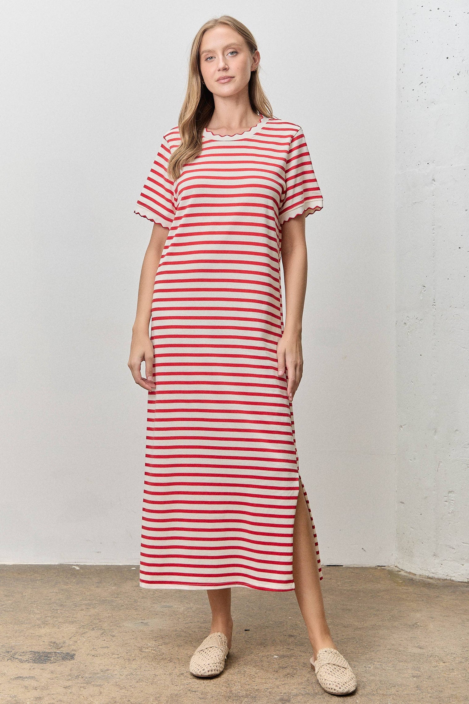 Polagram by Wellmade USA - Scallop Trim Striped Short Sleeve Maxi Dress