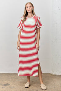 Polagram by Wellmade USA - Scallop Trim Striped Short Sleeve Maxi Dress