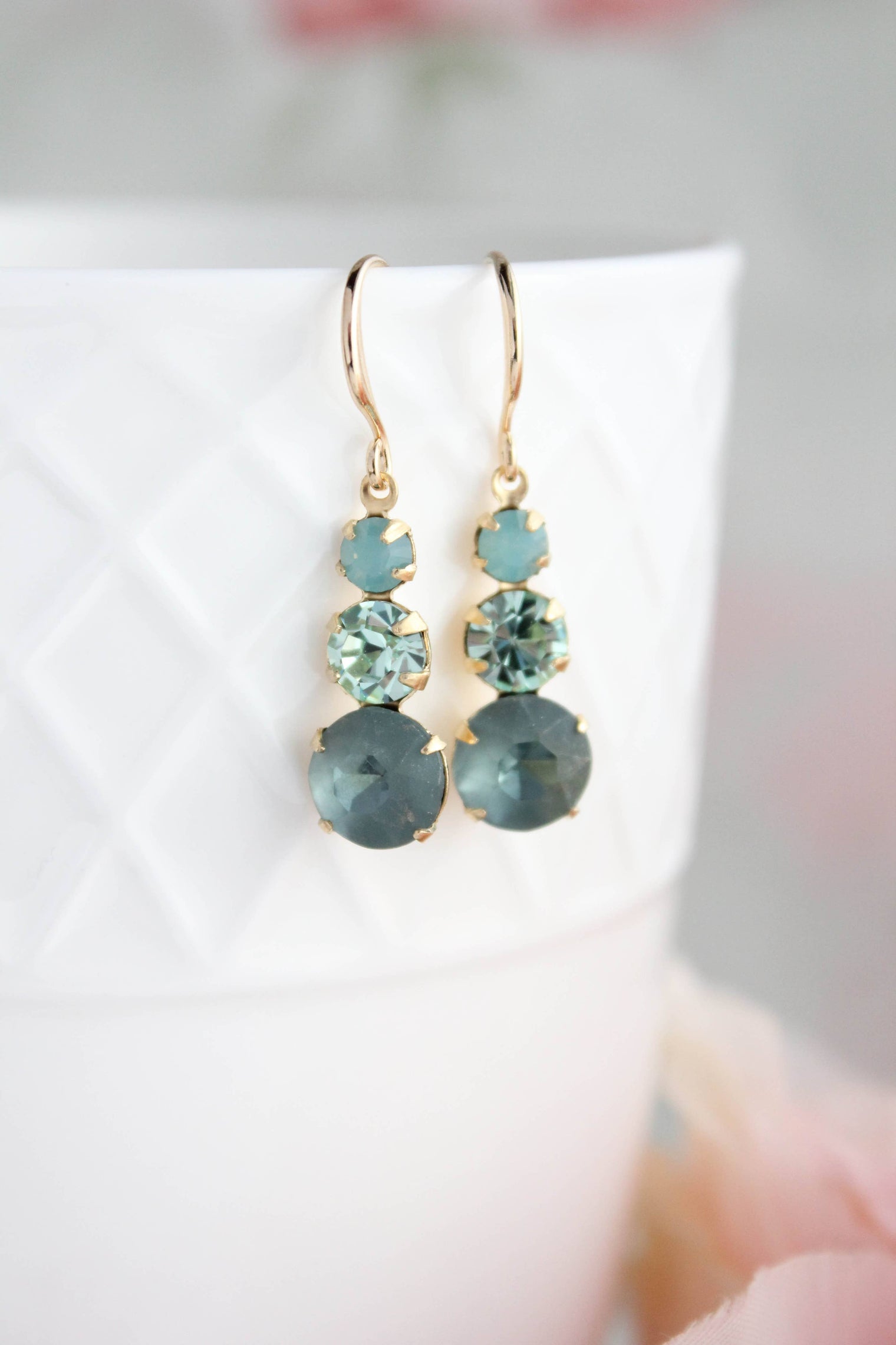 A Pocket of Posies - Vintage Glass Earrings -Three Jewel - Peacock Green and Blue