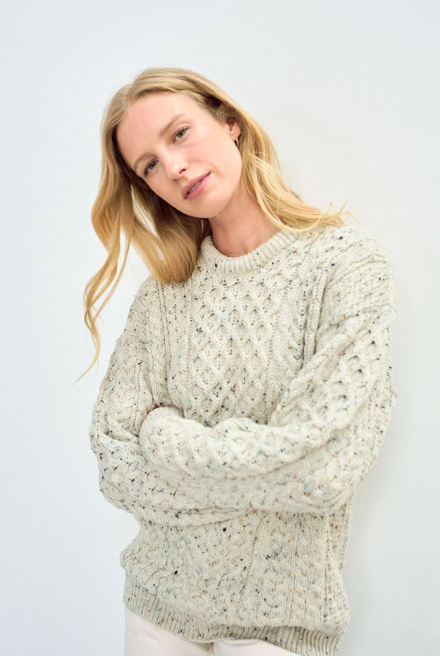 Aran Woollen Mills - Inisheer Traditional Ladies Aran Sweater -  Flecked Cream - Large