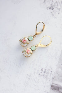 A Pocket of Posies - Small Drop Earrings - Vintage Glass - Pink Rose and Mint