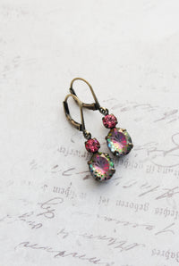 A Pocket of Posies - Aurora Iridescent Oval Glass with Etched Floral Drop Earring