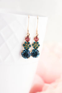 Three Jewel Drop Vintage Glass Earrings - Deep Teal and Peach