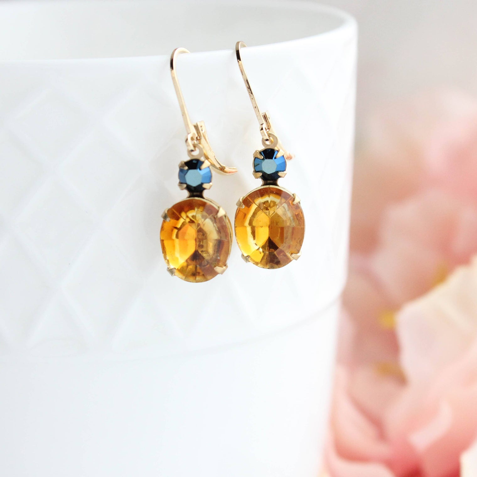 Oval Drop Earrings - Topaz and Navy Blue