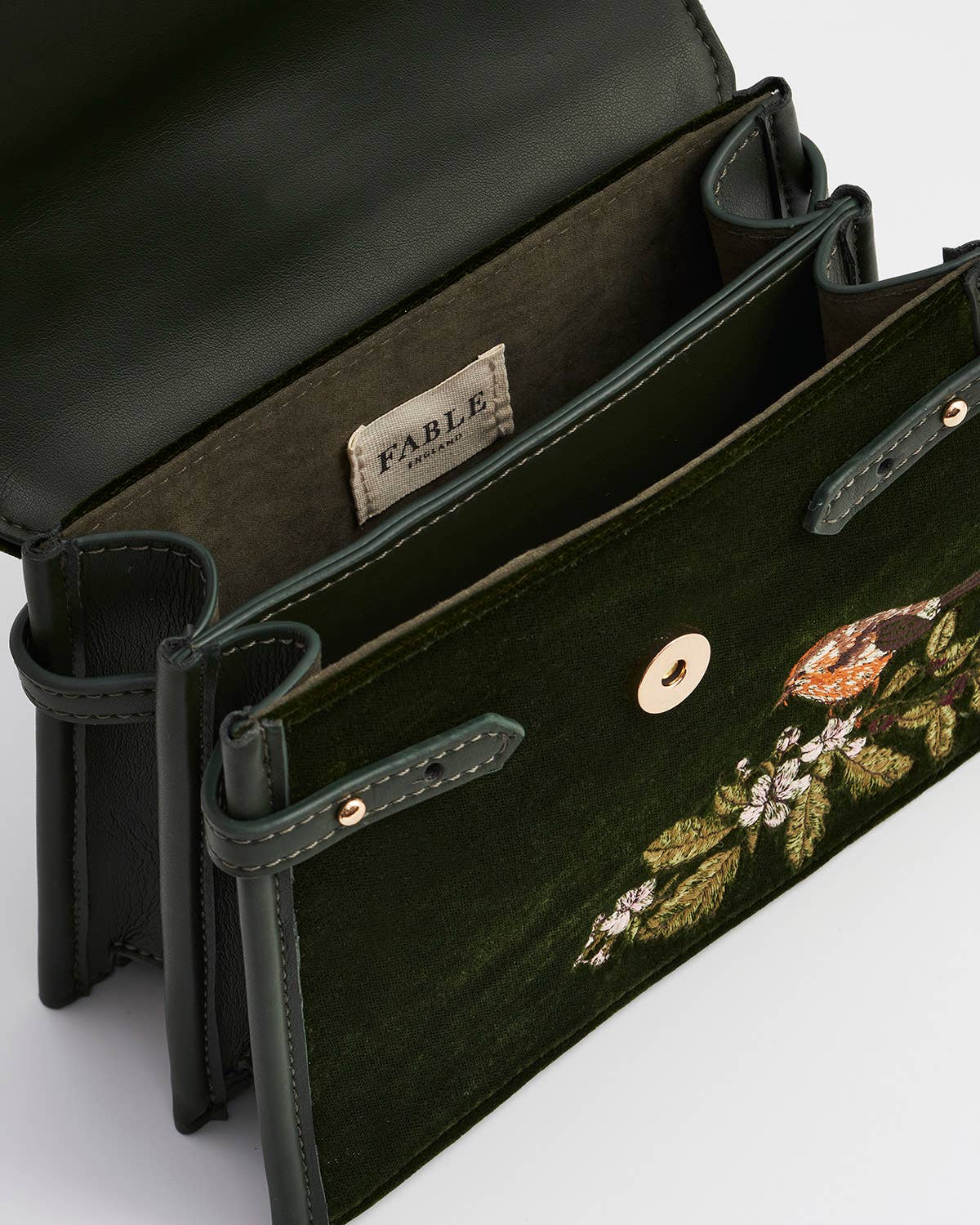 Fable England UK - Eliza Wren Embroidered Top Handle Bag in Green Velvet