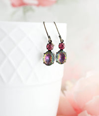 A Pocket of Posies - Aurora Iridescent Oval Glass with Etched Floral Drop Earring