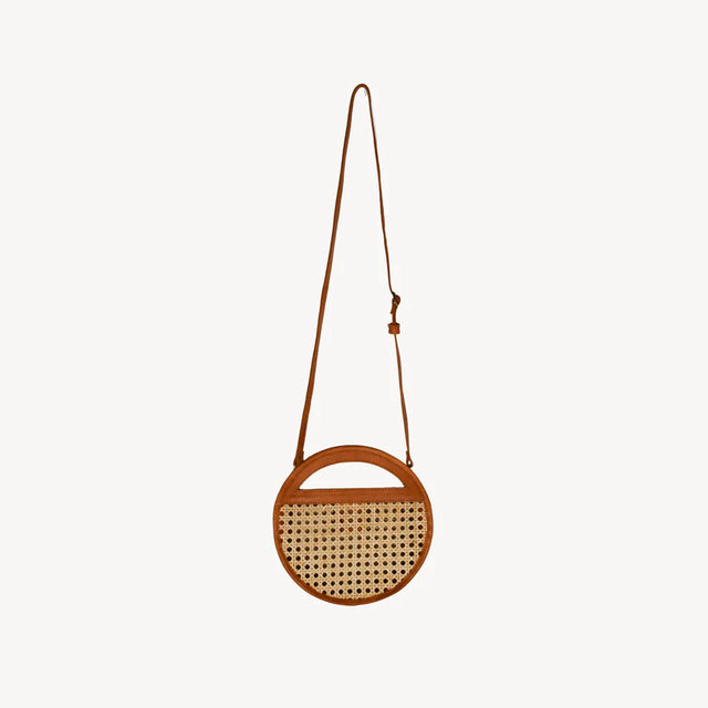 Round Leather Bag with Cane Accent