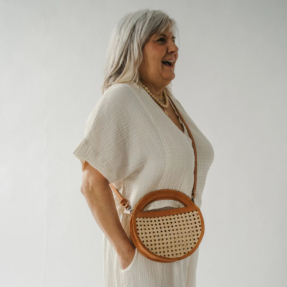 Round Leather Bag with Cane Accent
