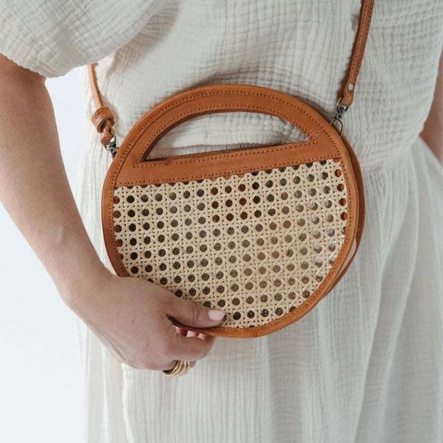 Round Leather Bag with Cane Accent