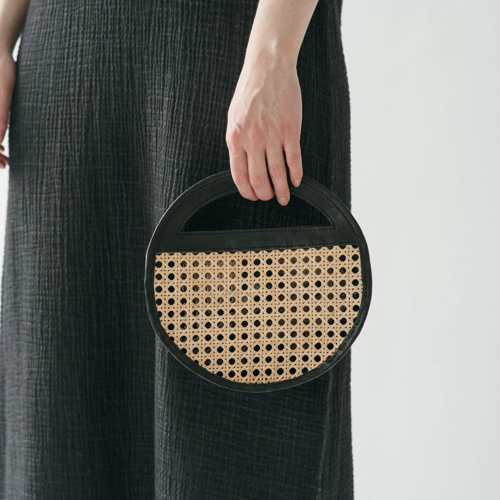 Round Leather Bag with Cane Accent