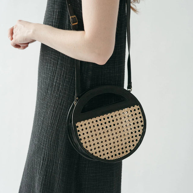 Round Leather Bag with Cane Accent