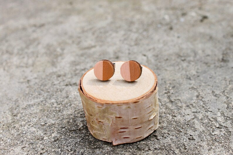 Peach Caramel Geometric Wood Earrings