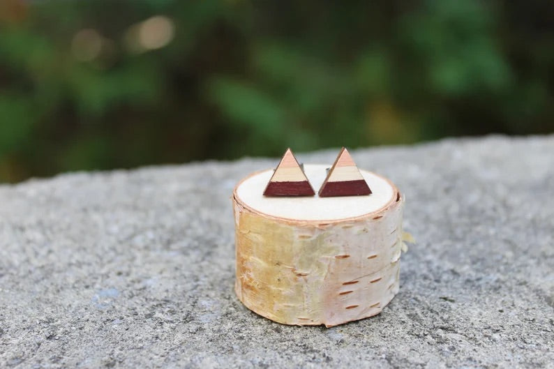 Burgundy & Peach Wooden Triangle Earrings